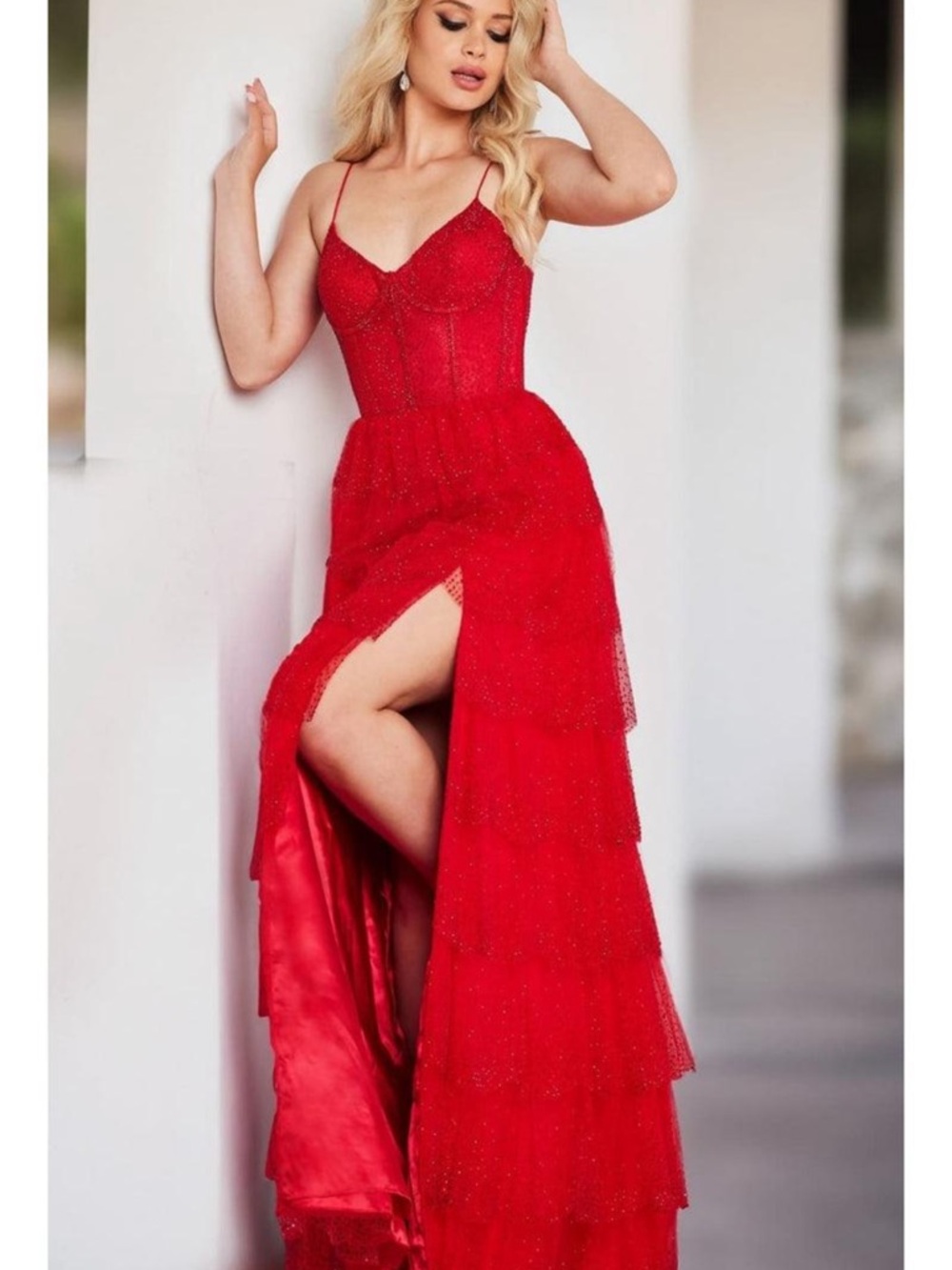 JVN by Jovani Red Sparkle Tiered Prom Gown with Slit